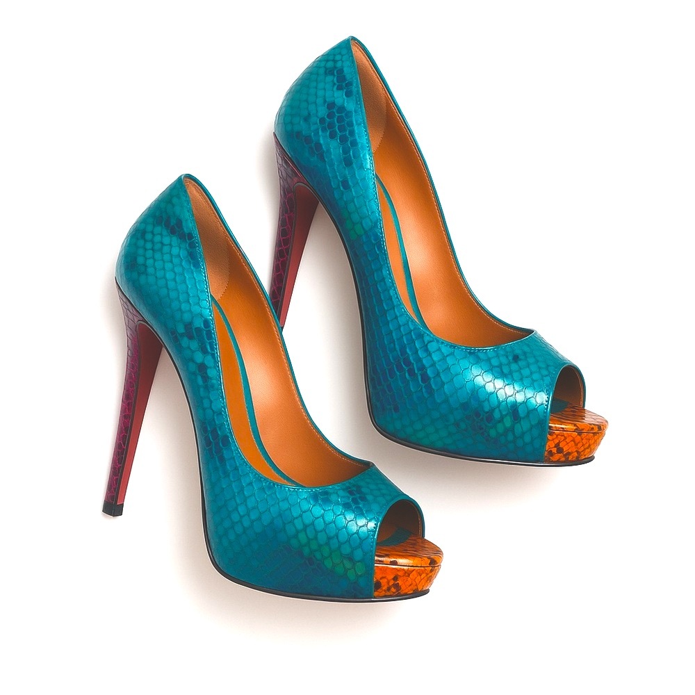 👠 Boutique 9 Blue and Brown Snake Print Classic Peep Toe Heels Size 9 - Picture 3 of 13